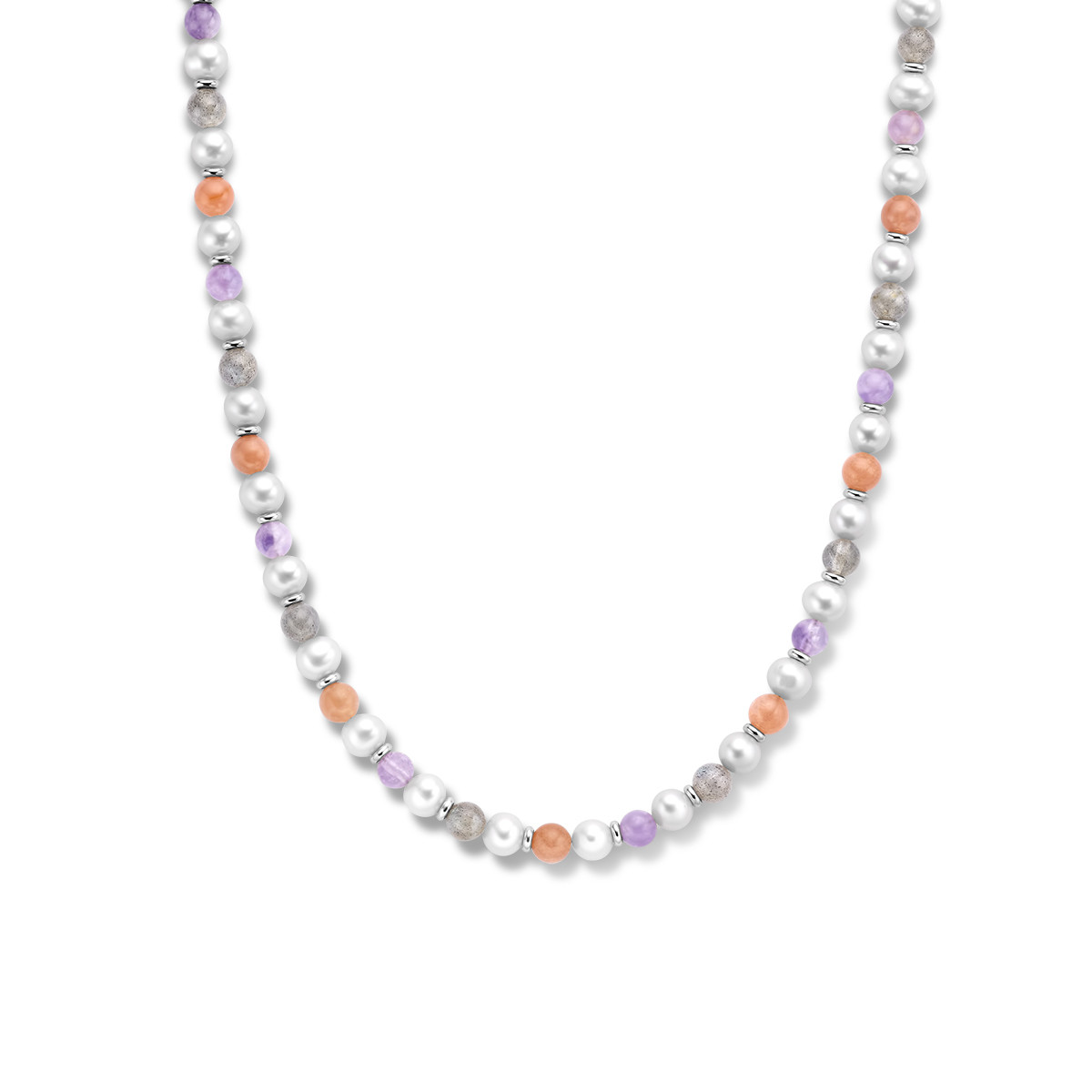 Zilveren parelketting met labradoriet, amethist en maansteen - Lengte 42-46 cm