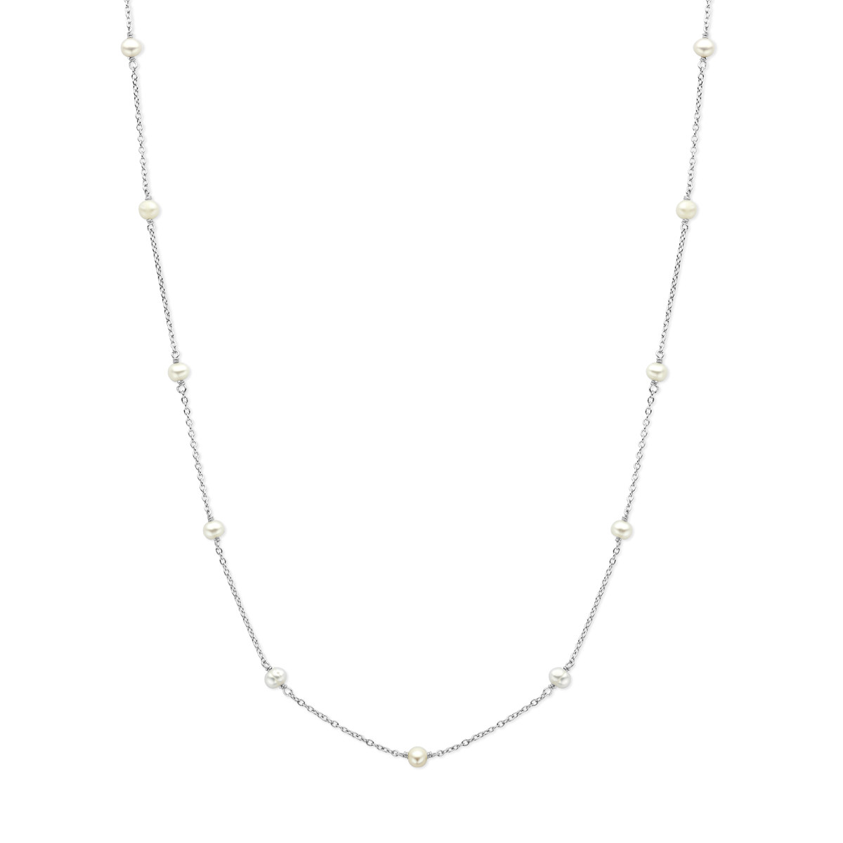Zilveren parelketting met ronde schakels en witte parels 1.3 mm breed - Lengte 41 t/m 45 cm