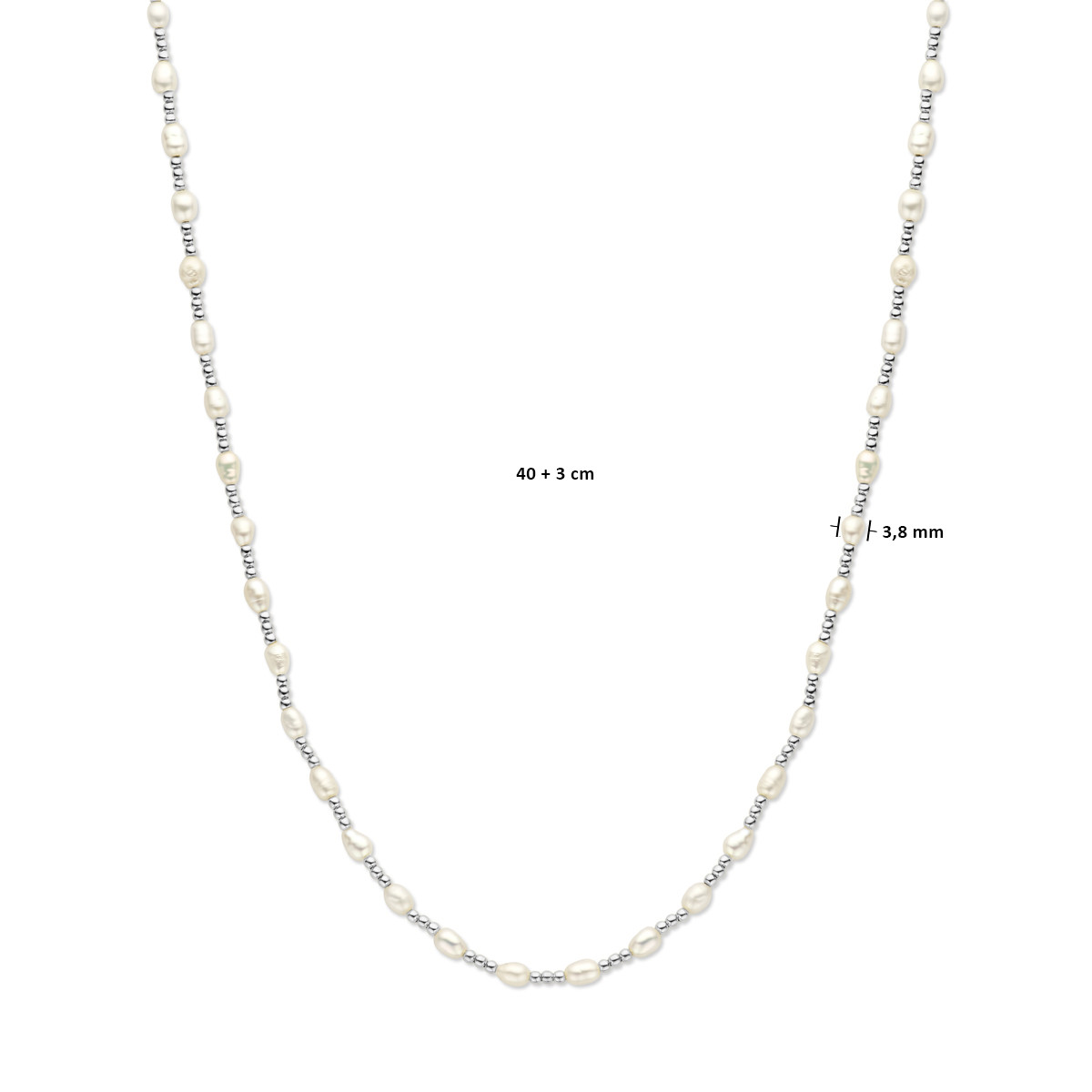 Zilveren parelketting met schakels en parels van 3.8 mm - Lengte 40-43 cm
