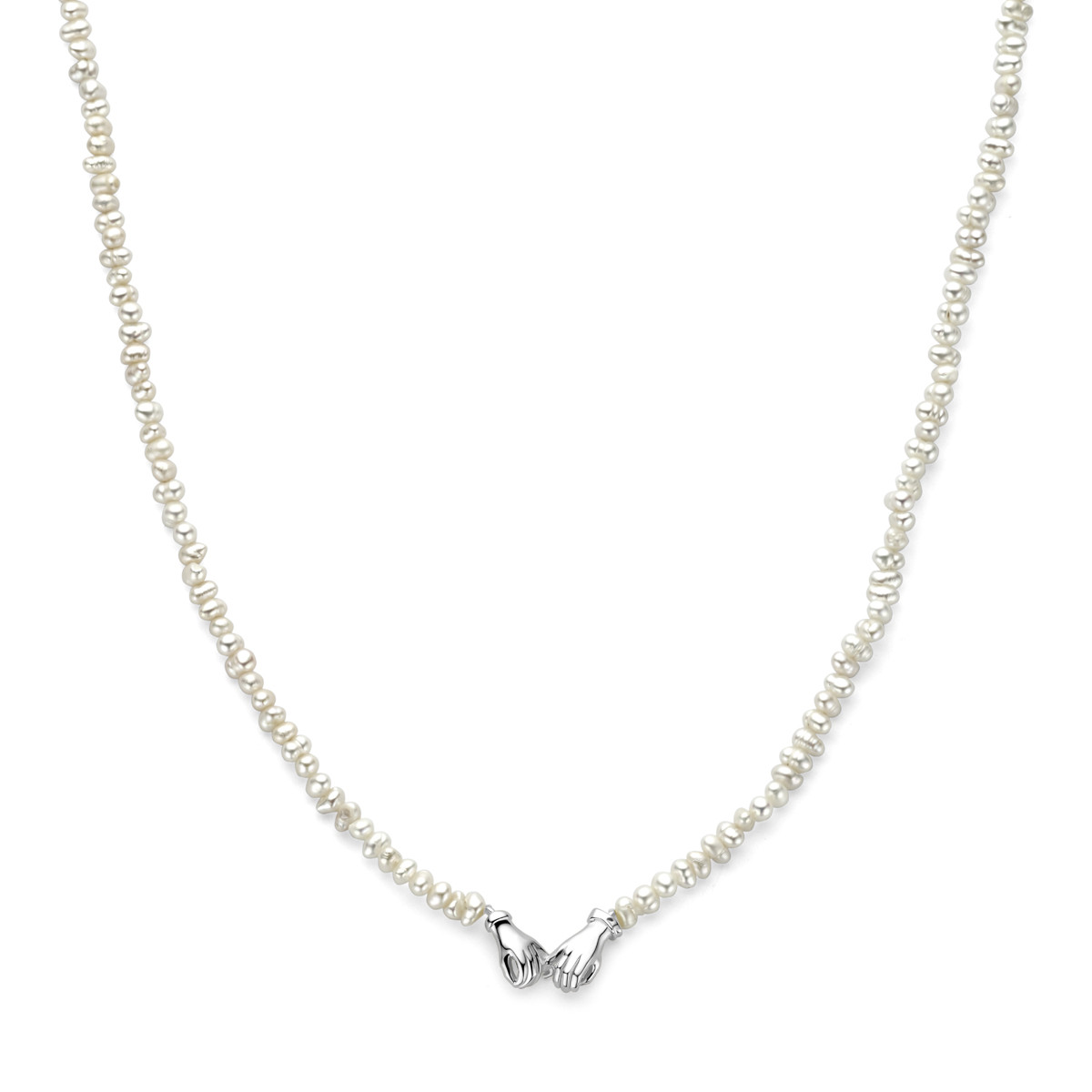 Zilveren parelketting met witte parels en handenhanger - Lengte 40-45 cm