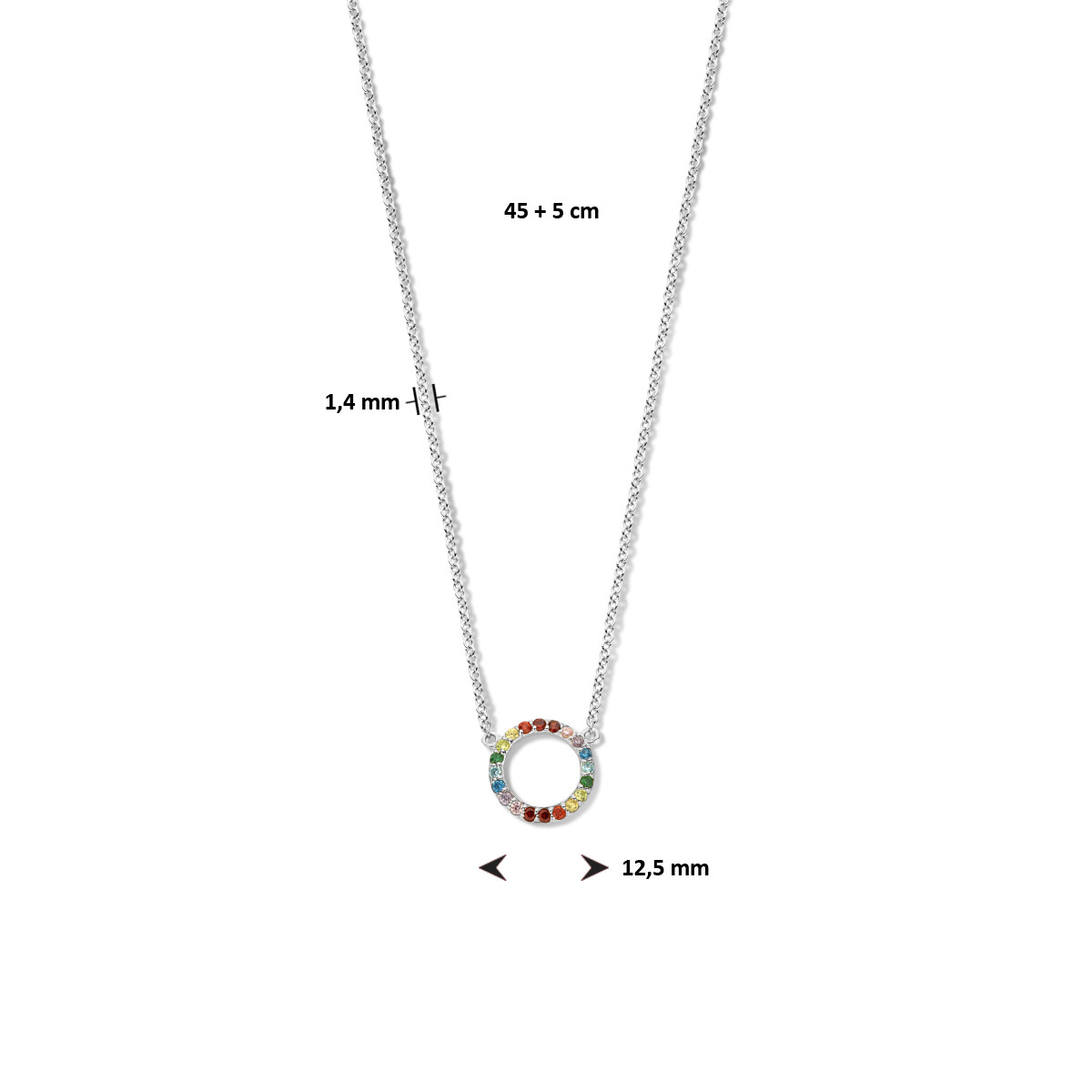 Zilveren regenboog ketting met rondje en gekleurde zirkonia - Lengte 45 + 5 cm
