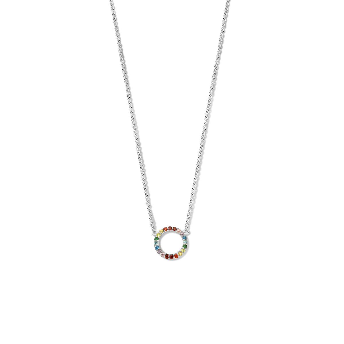 Zilveren regenboog ketting met rondje en gekleurde zirkonia - Lengte 45 + 5 cm