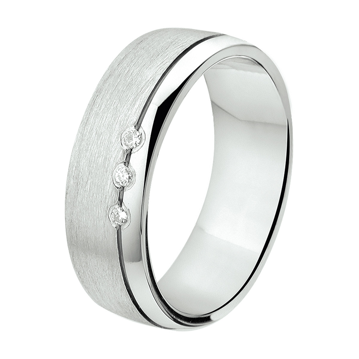 Zilveren relatiering met drie diamanten 0.03 crt en mat glanzend 6 mm breed