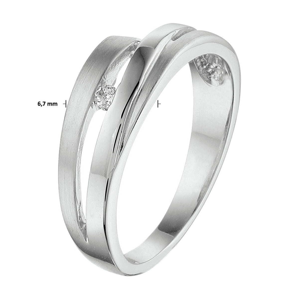Zilveren ring mat en glanzend met transparante zirkonia 6.5 mm breed
