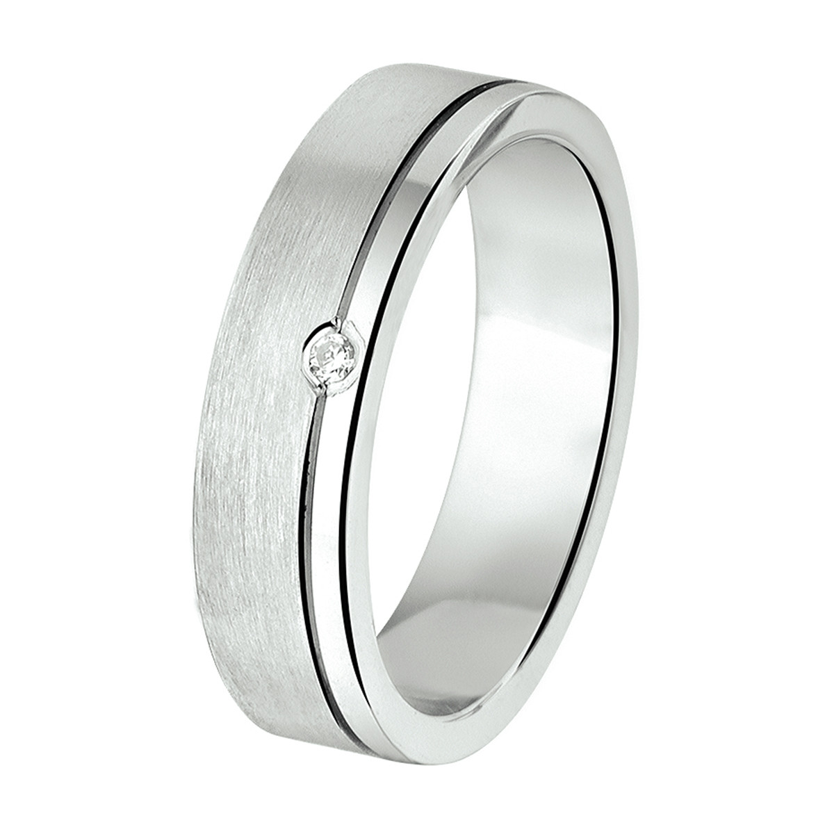 Zilveren ring mat en met zirkonia en smalle glanzende baan 5 mm breed