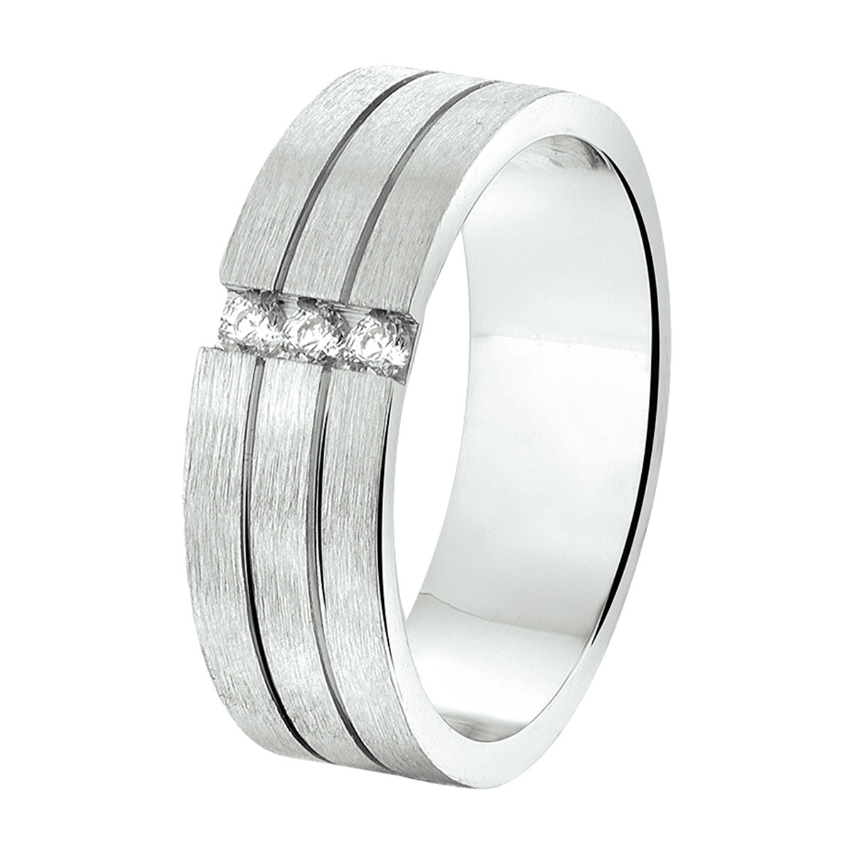 Zilveren ring met 3 matte banen en zirkonia's graveerbaar 6 mm breed