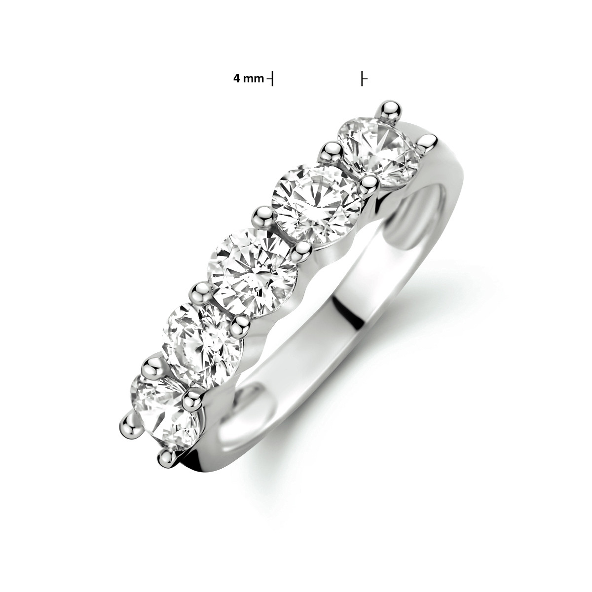 Zilveren ring met 5 briljant geslepen zirkonia's 4 mm breed
