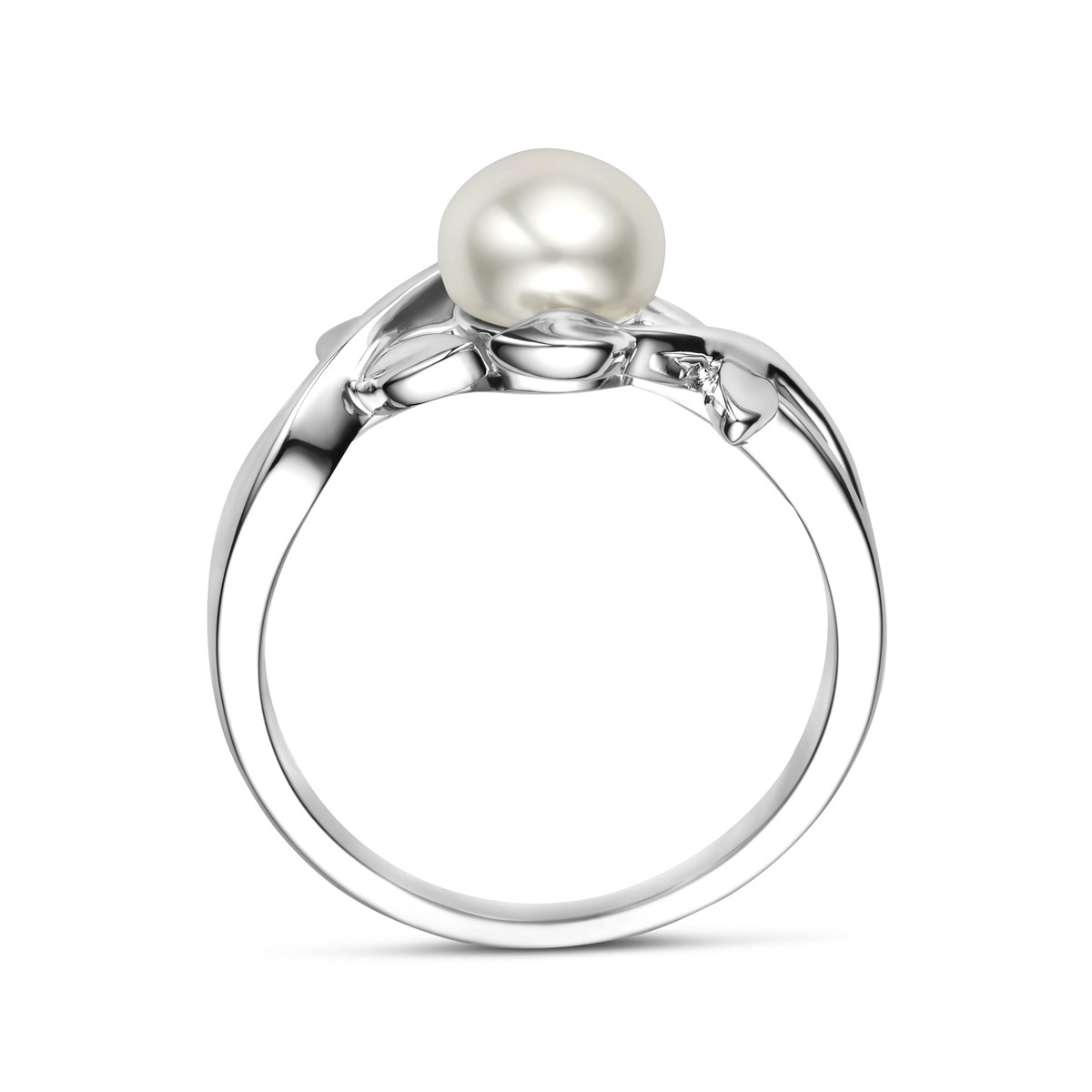 Zilveren ring met bladeren en witte zoetwaterparel 7 mm breed