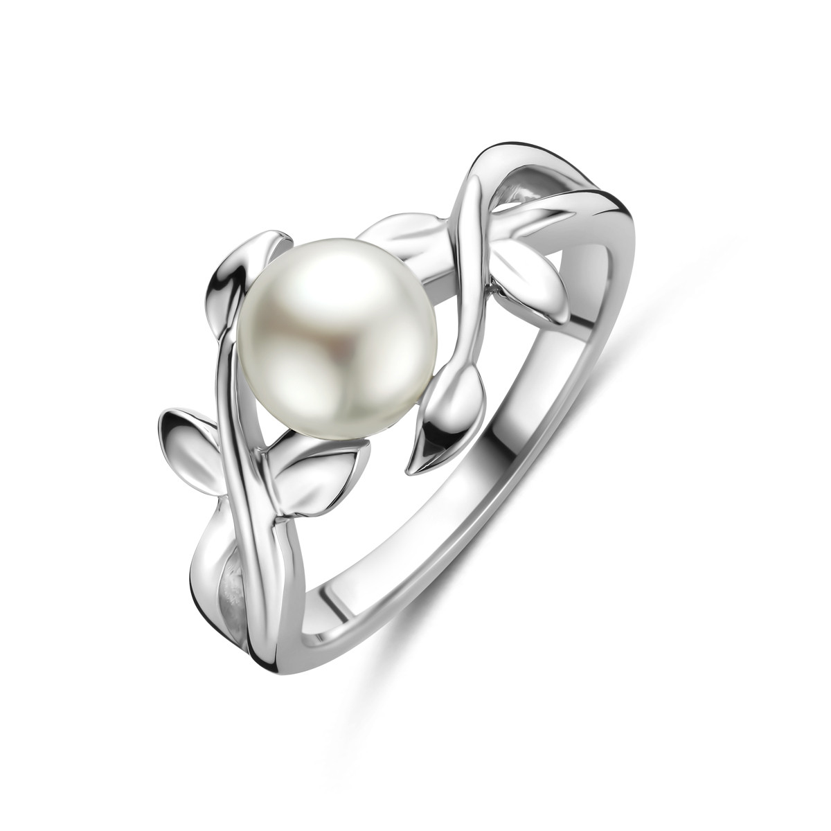 Zilveren ring met bladeren en witte zoetwaterparel 7 mm breed