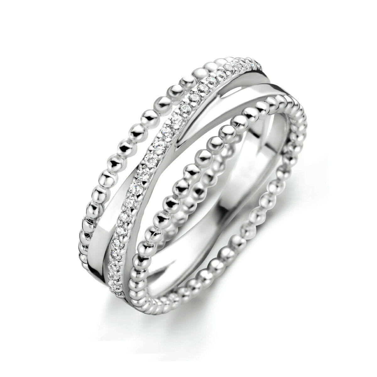 Zilveren ring met bolletjes en zirkonia's