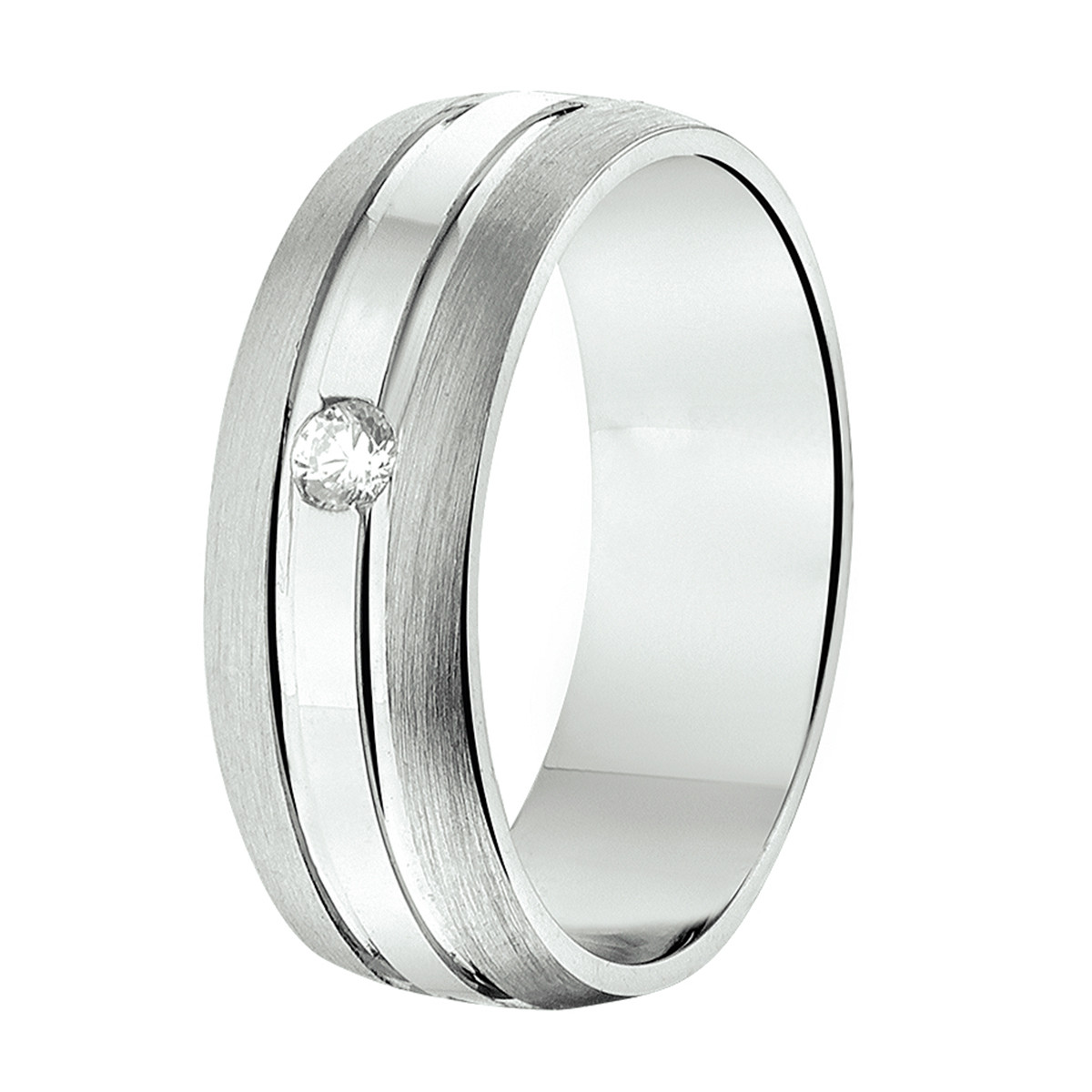 Zilveren ring met een glanzende zirkonia baan en 2 matte banen 6.5 mm breed