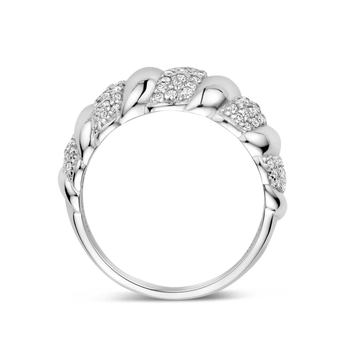 Zilveren ring met gedraaid met zirkonia's en glanzende afwerking 10 mm breed