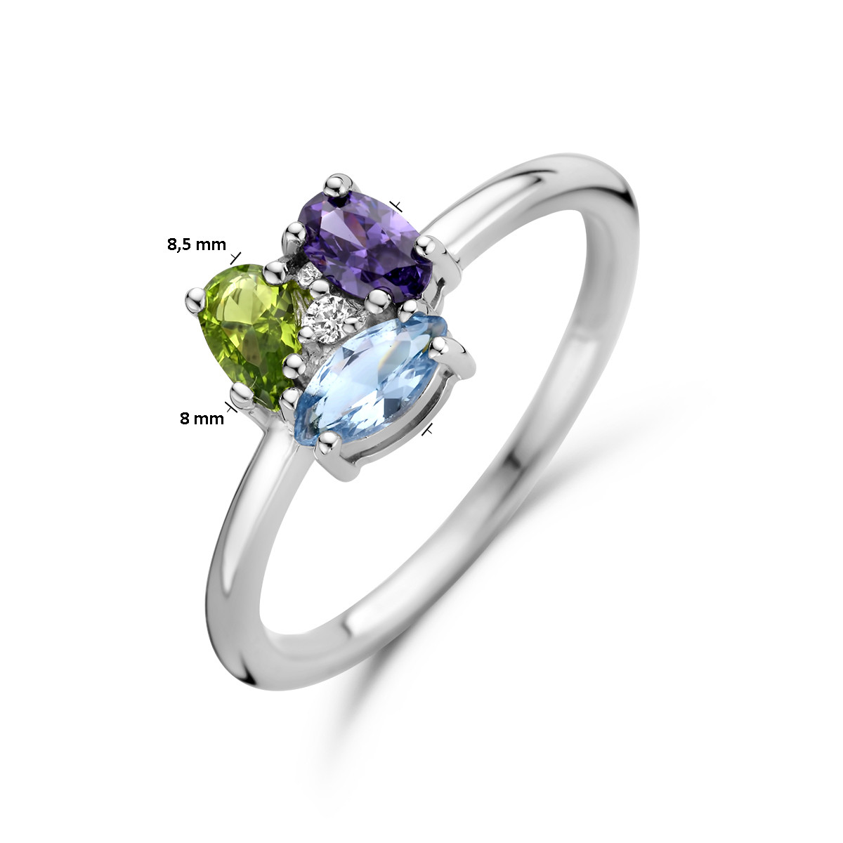 Zilveren ring met groene paarse en blauwe zirkonia 8 mm breed