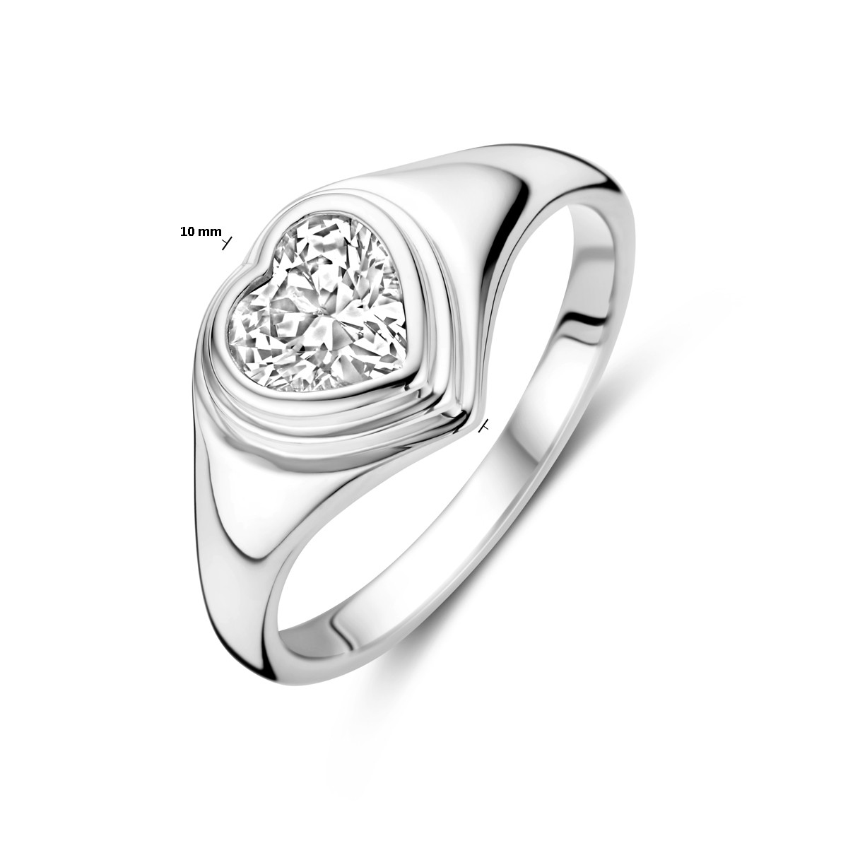 Zilveren ring met hartje van transparante zirkonia glanzend afgewerkt 10 mm breed