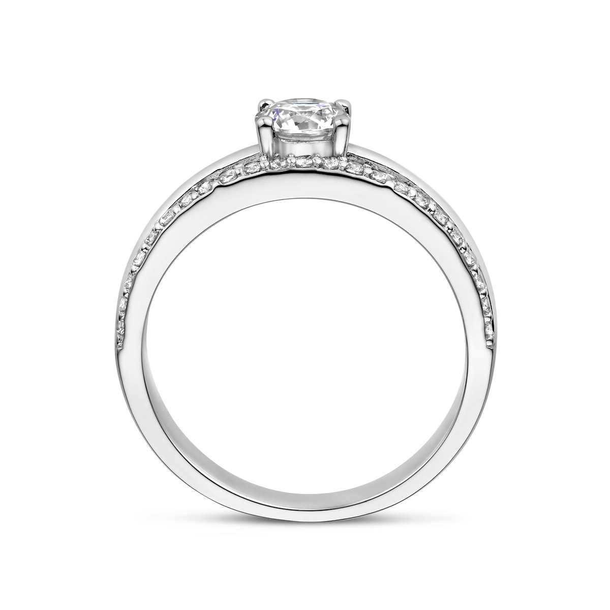 Zilveren ring met losse transparante zirkonia en rij transparante zirkonia's 6.5 mm breed