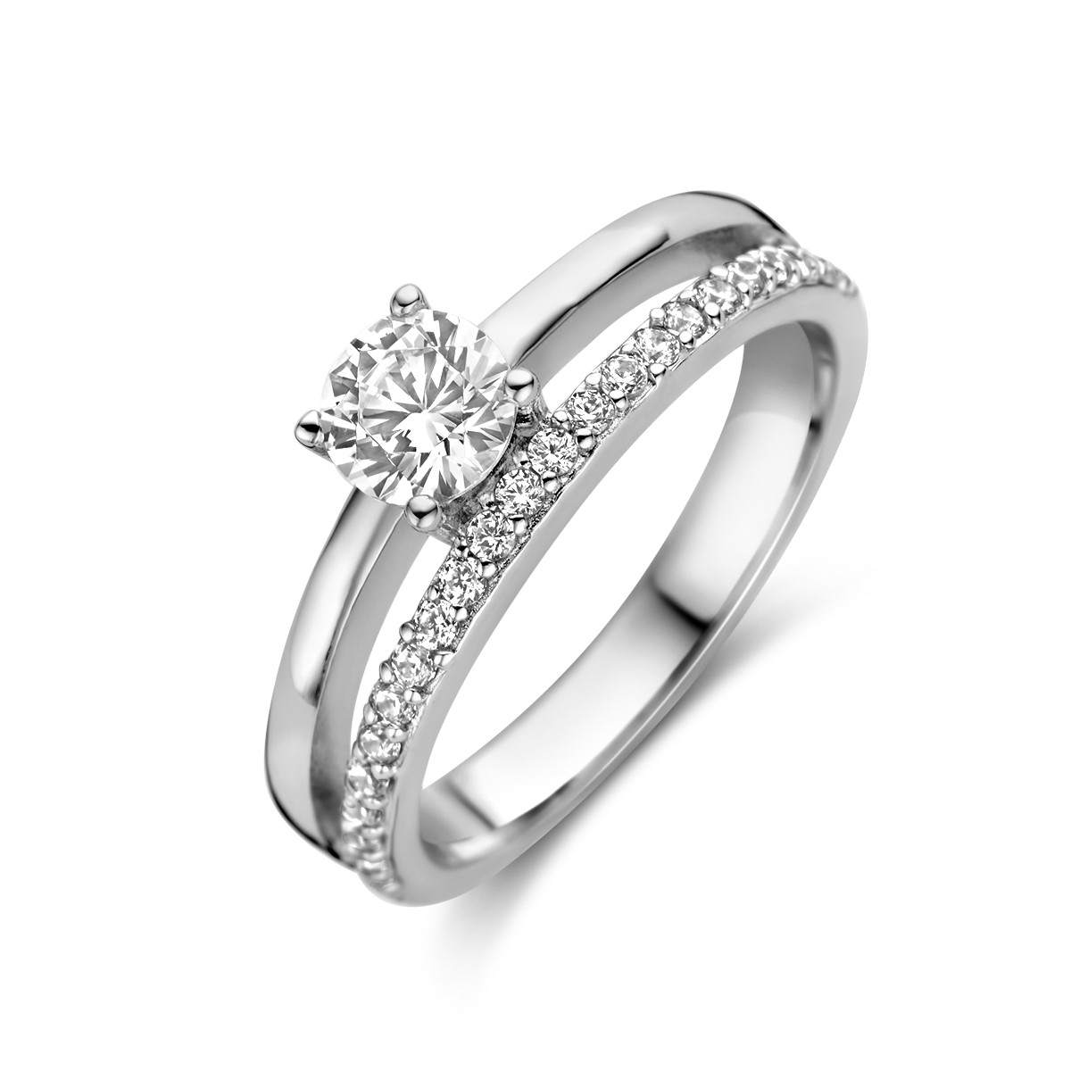 Zilveren ring met losse transparante zirkonia en rij transparante zirkonia's 6.5 mm breed
