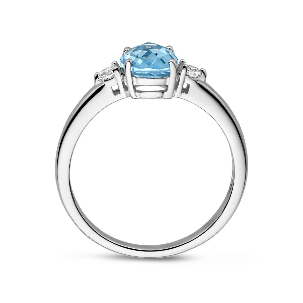 Zilveren ring met ovale blauwe topaas en twee zirkonia's