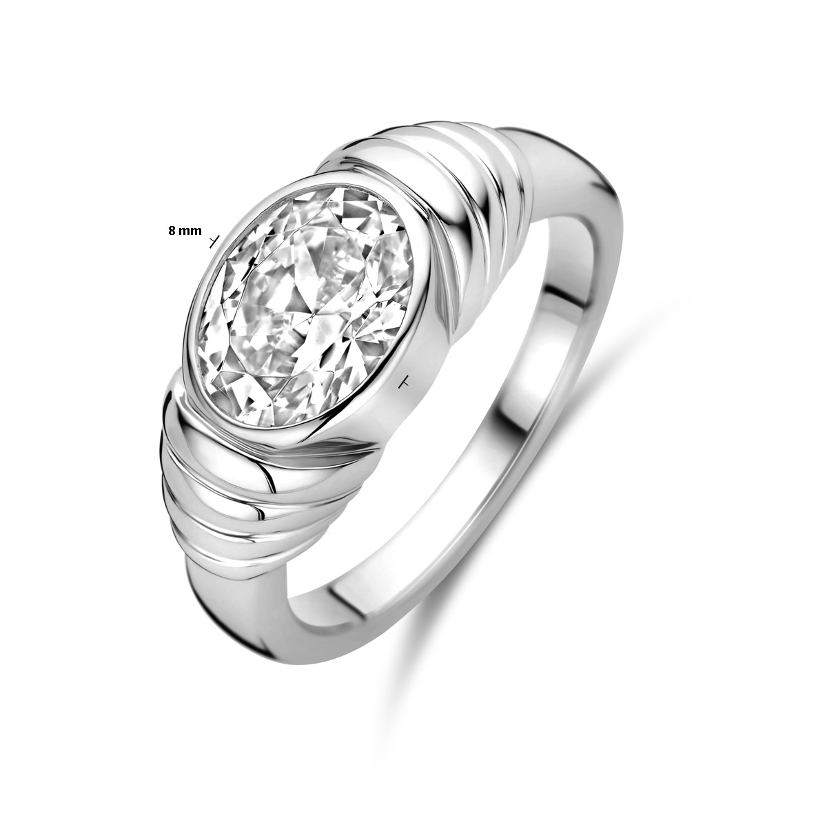 Zilveren ring met ovale transparante zirkonia en geribbeld glanzend patroon 8 mm breed