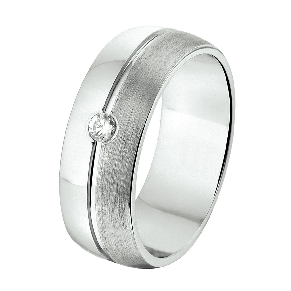Zilveren ring met ronde transparante zirkonia en matte afwerking 7 mm breed