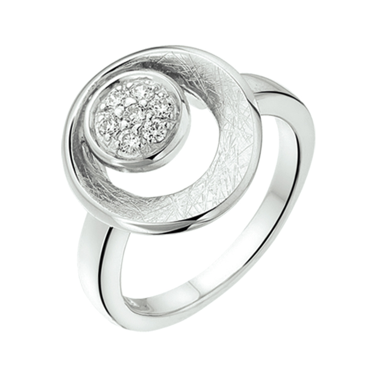 Zilveren ring met scratched cirkel en zirkonia cirkel 14 mm breed