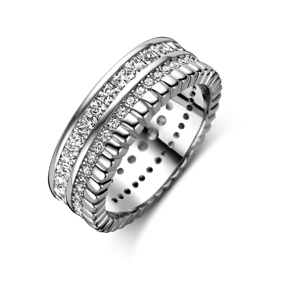 Zilveren ring met twee zirkonia rijen 7 mm breed