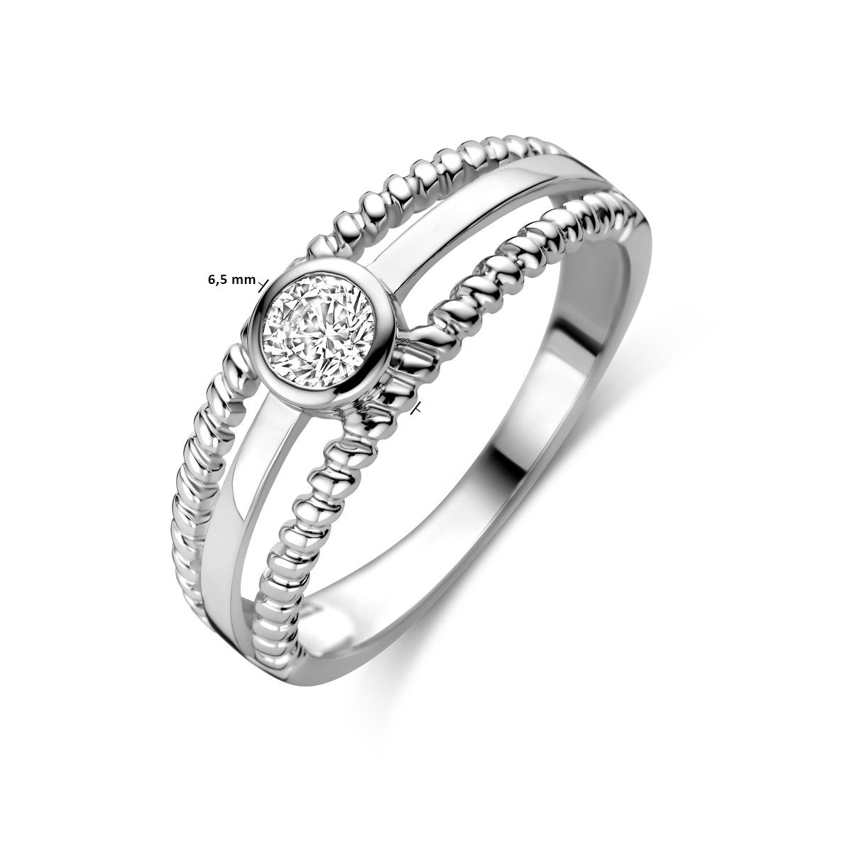 Zilveren ring met twist en briljant geslepen transparante zirkonia 6.5 mm breed
