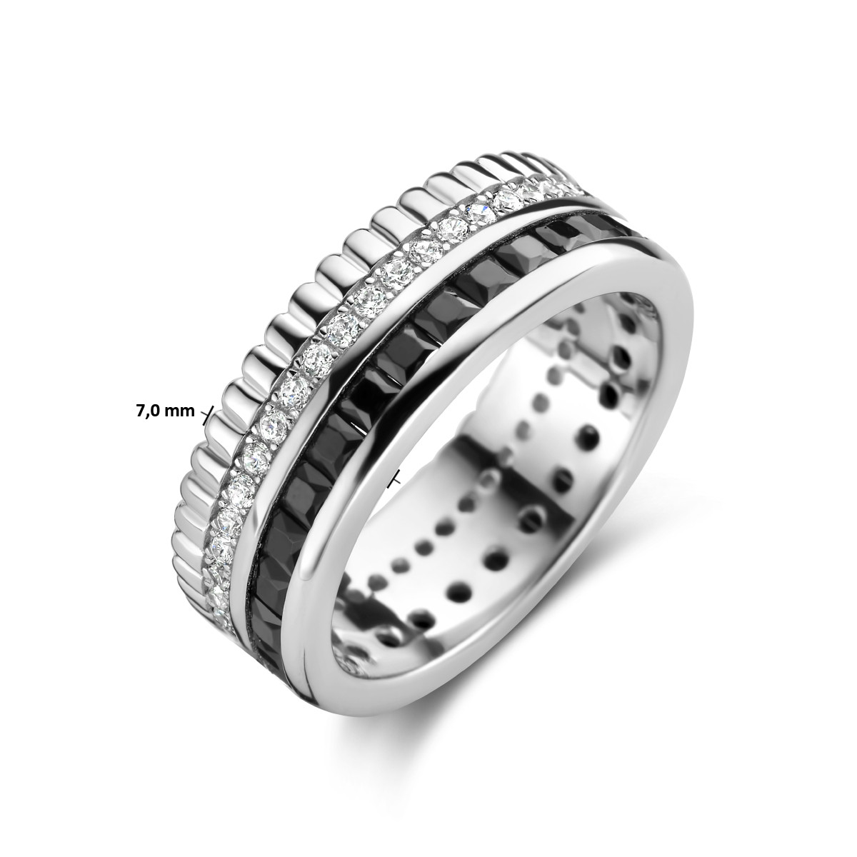 Zilveren ring met zwarte en transparante zirkonia stenen 7 mm breed