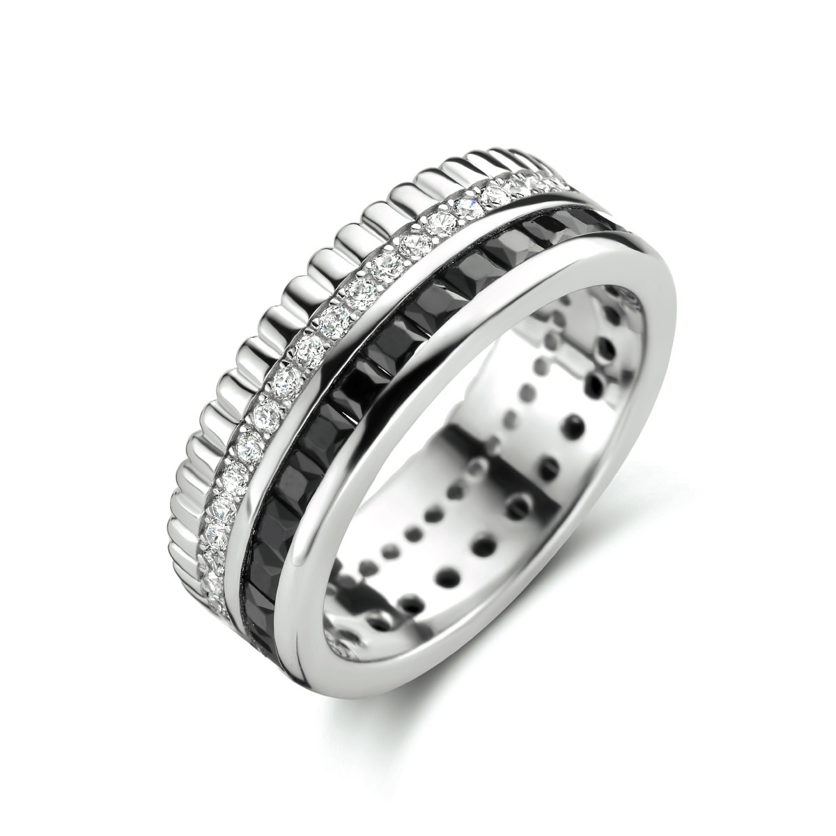 Zilveren ring met zwarte en transparante zirkonia stenen 7 mm breed