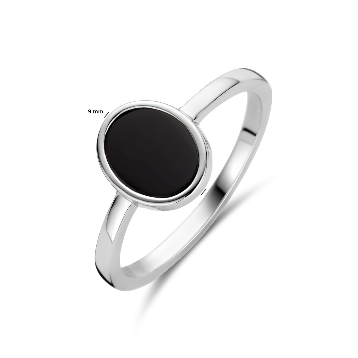 Zilveren ring met zwarte ovale onyx glanzend gerhodineerd 9 mm breed
