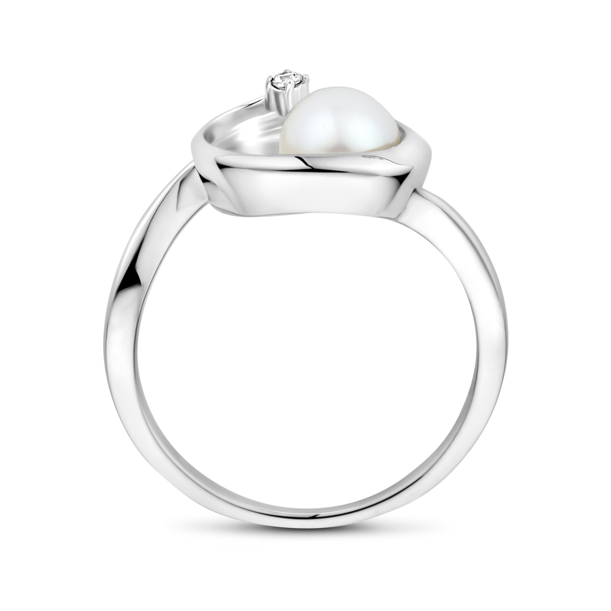 Zilveren ring ovaal met zoetwaterparel en transparante zirkonia 9.5 mm breed