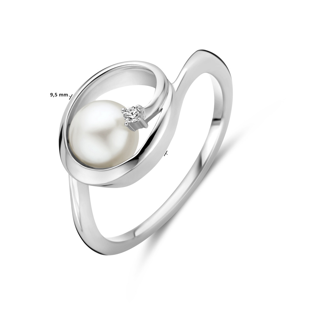 Zilveren ring ovaal met zoetwaterparel en transparante zirkonia 9.5 mm breed