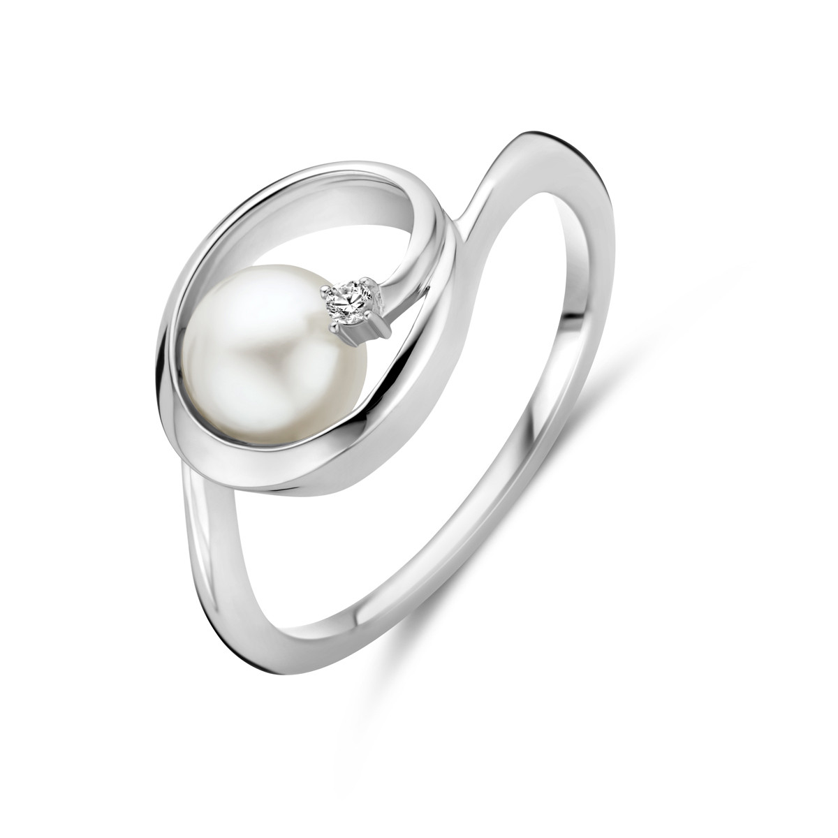 Zilveren ring ovaal met zoetwaterparel en transparante zirkonia 9.5 mm breed