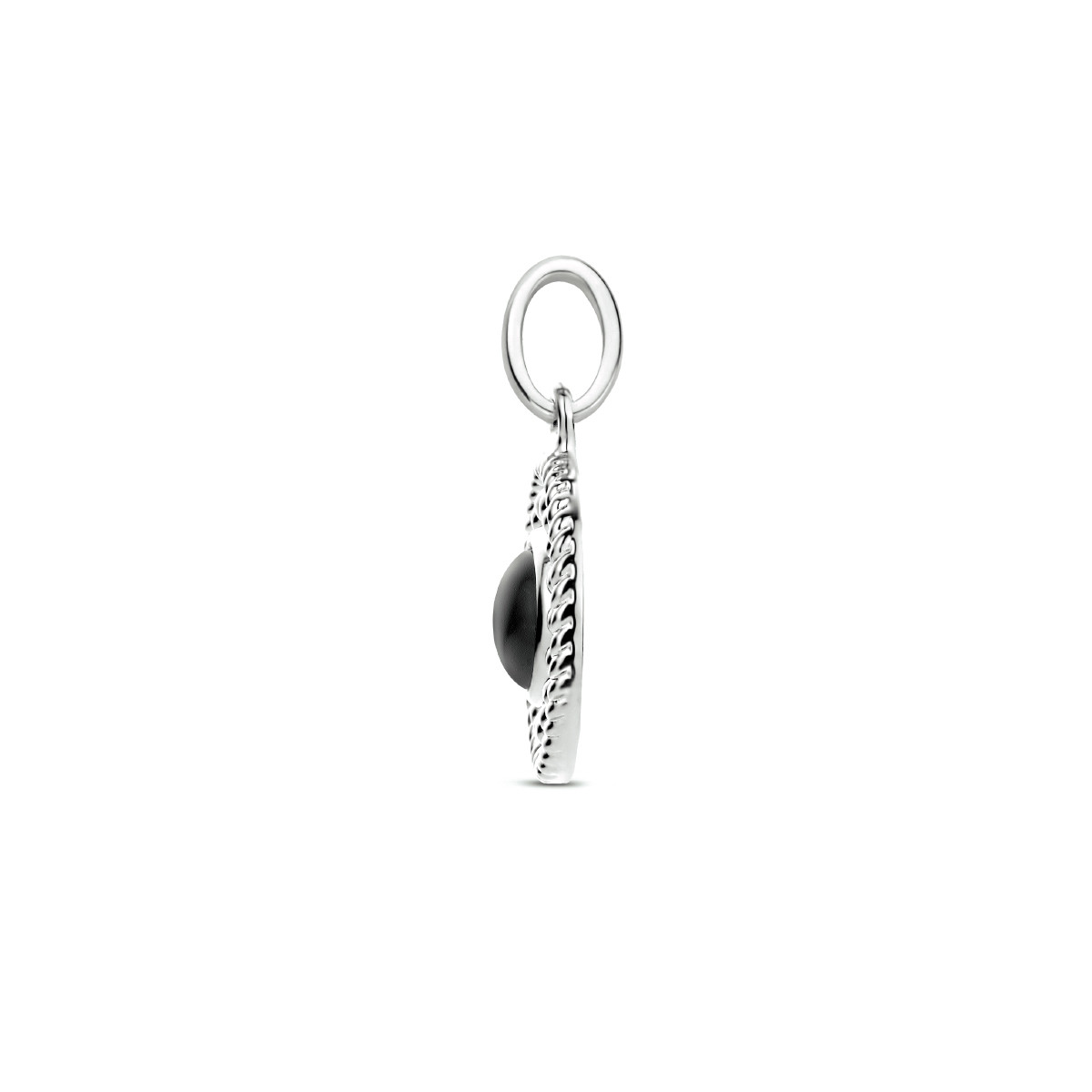 Zilveren ronde bewerkte hanger met onyx - Diameter 12 mm