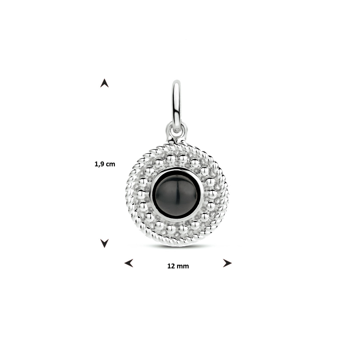 Zilveren ronde bewerkte hanger met onyx - Diameter 12 mm