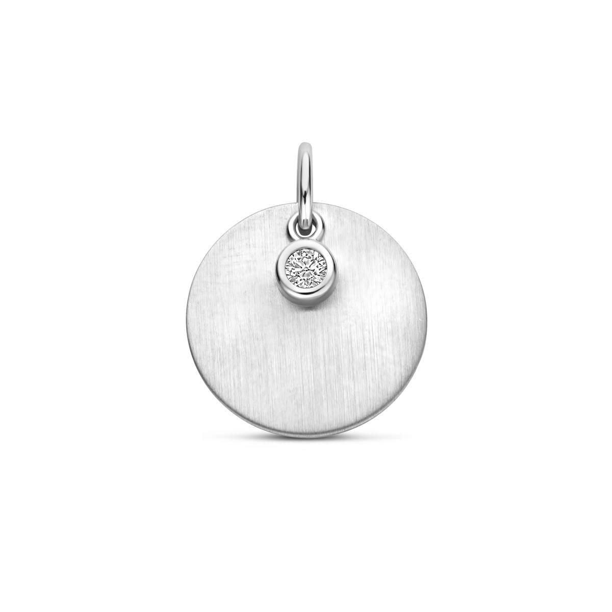 Zilveren ronde graveerhanger glanzend en mat met zirkonia 2.5 mm - Diameter 14 mm