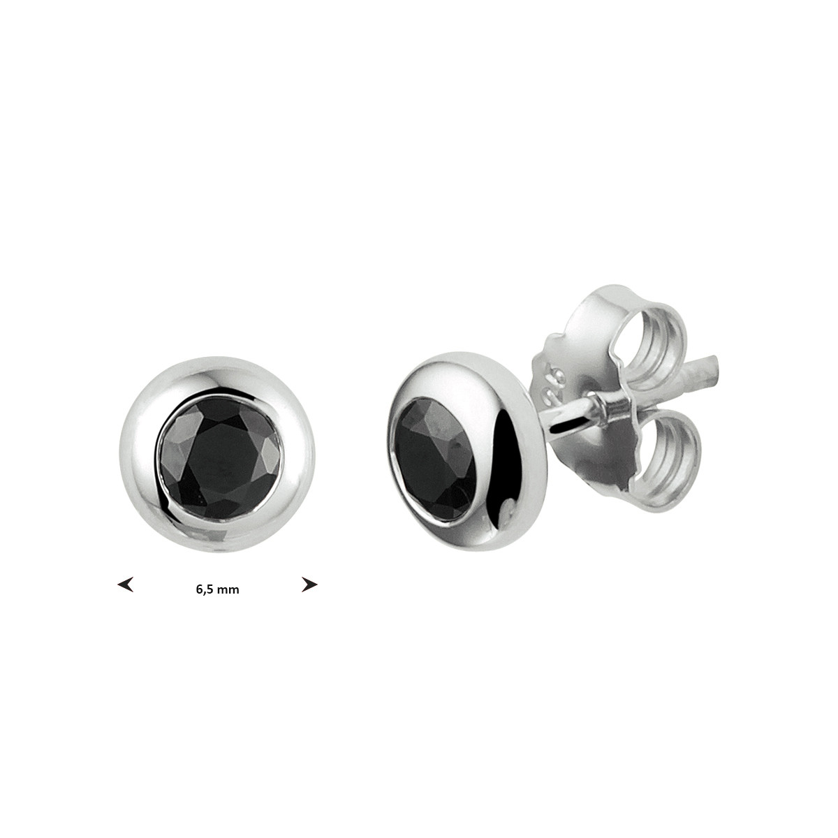 Zilveren ronde oorstekers met zwarte zirkonia - Diameter 6.5 mm
