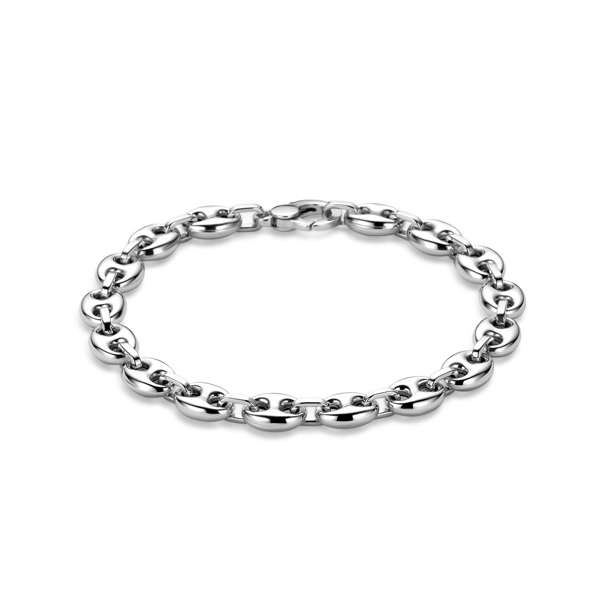 Zilveren schakelarmband met koffieboon schakels gerhodineerd 7.5 mm breed - Lengte 19 cm