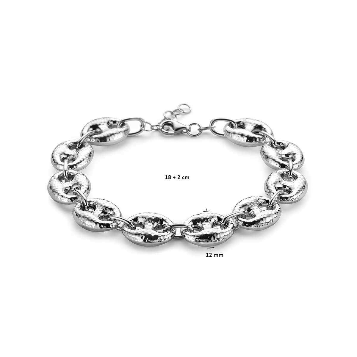 Zilveren schakelarmband met koffieboonschakel gehamerd 12 mm breed - Lengte 18-20 cm