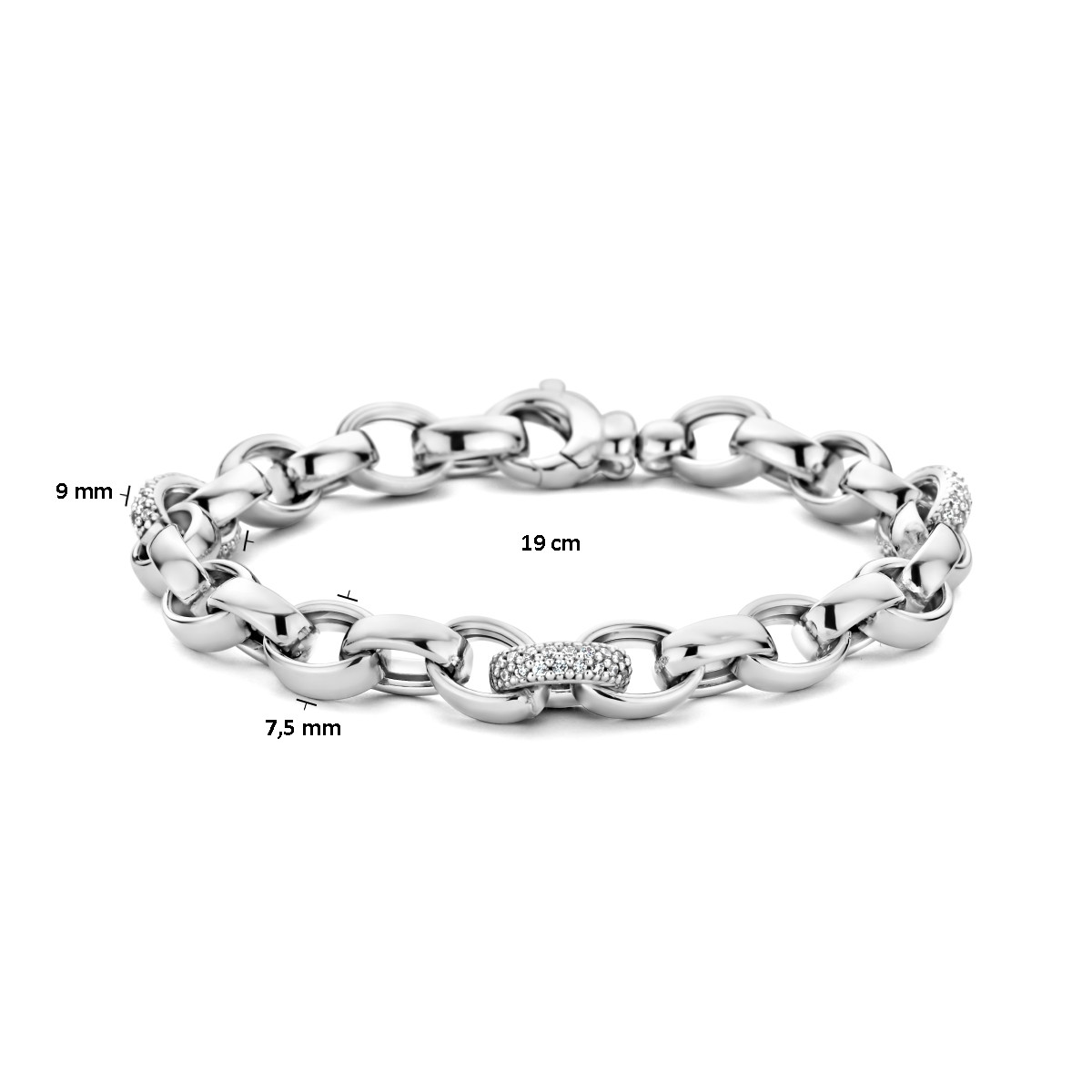 Zilveren schakelarmband met ovale jasseronschakels en zirkonia's 7.5 mm breed - Lengte 19 cm
