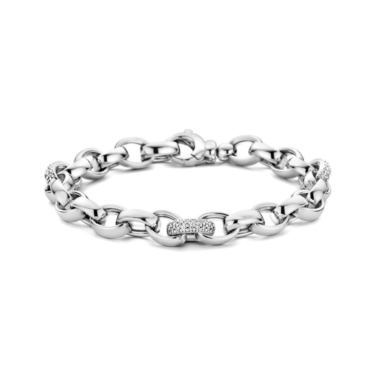 Zilveren schakelarmband met ovale jasseronschakels en zirkonia's 7.5 mm breed - Lengte 19 cm
