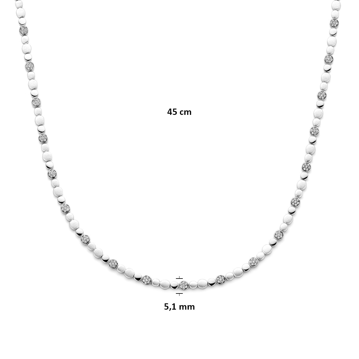 Zilveren schakelketting met glanzende bolletjes en zirkonia's 5.1 mm breed - Lengte 45 cm