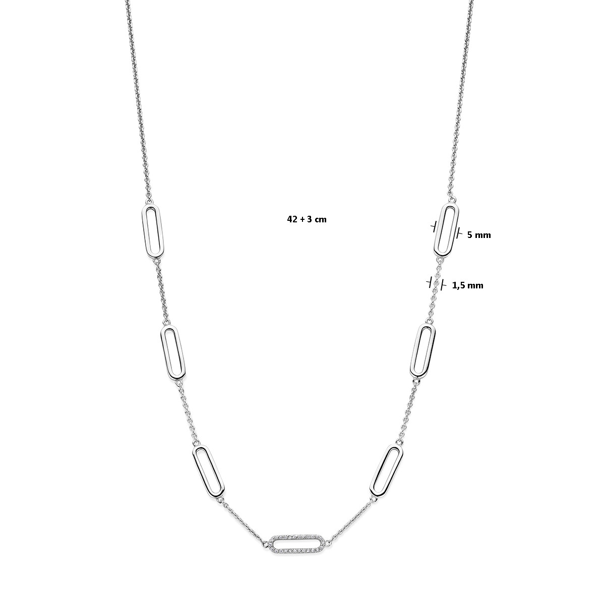 Zilveren schakelketting met zeven paperclipschakels 5 mm - Lengte 42-45 cm