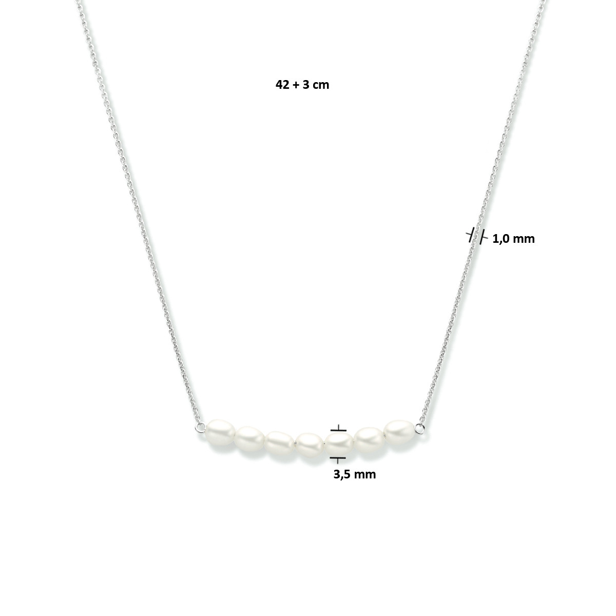 Zilveren schakelketting met zeven zoetwaterparels - Lengte 42 + 3 cm