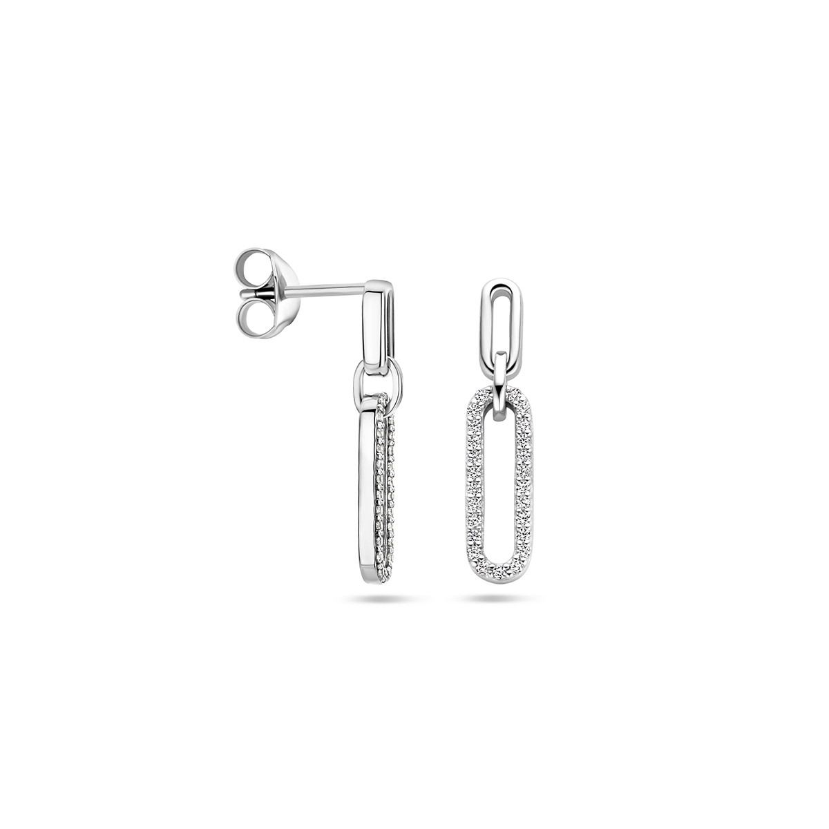 Zilveren schakeloorbellen oorhangers paperclip met zirkonia - 5 mm x 23 mm