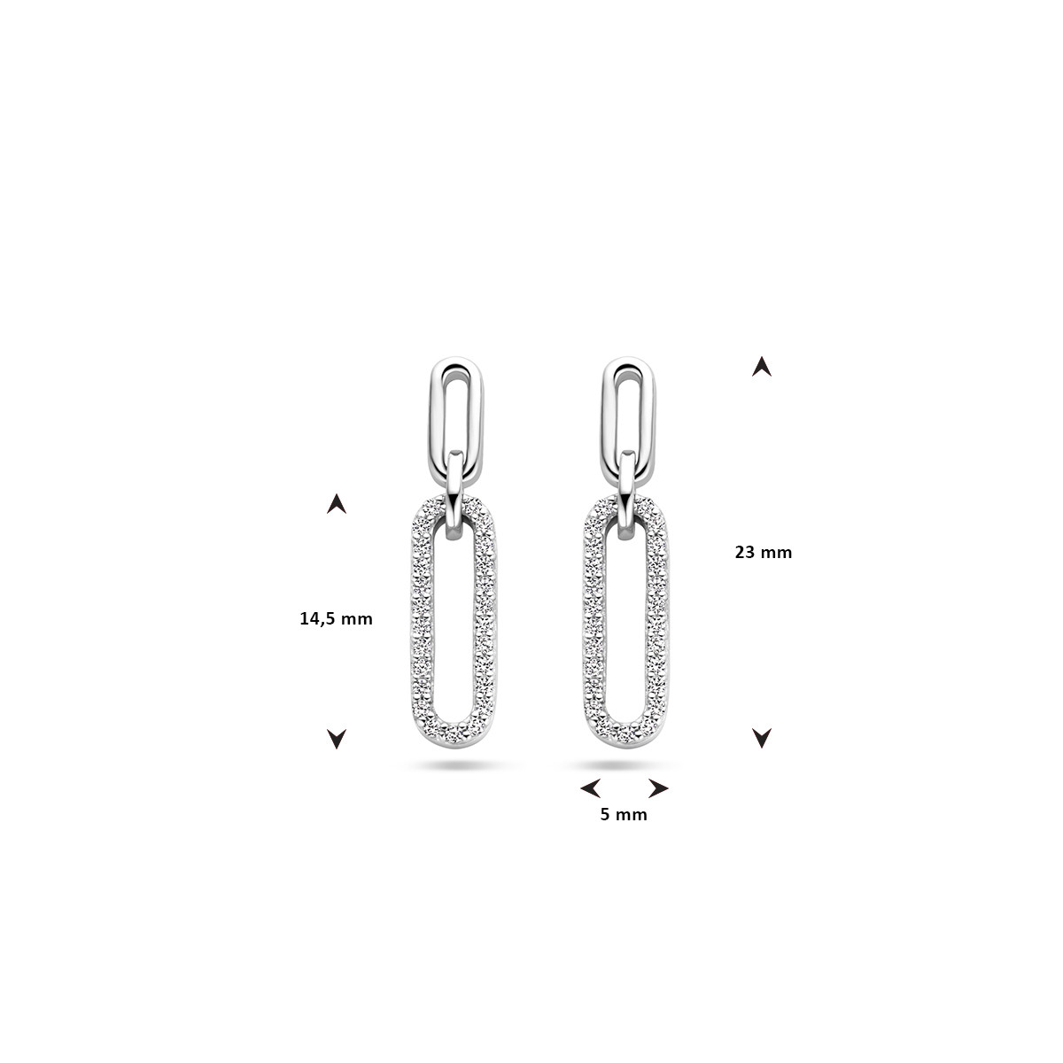 Zilveren schakeloorbellen oorhangers paperclip met zirkonia - 5 mm x 23 mm