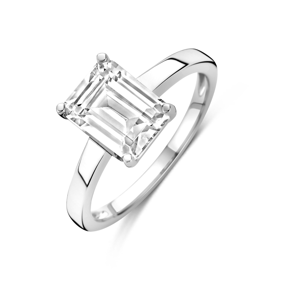 Zilveren solitair ring met baguette geslepen transparante zirkonia 9 mm breed