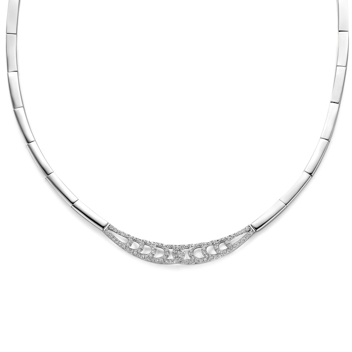 Zilveren spangketting met geschakelde glanzende zirkonia's - Lengte 42-45 cm