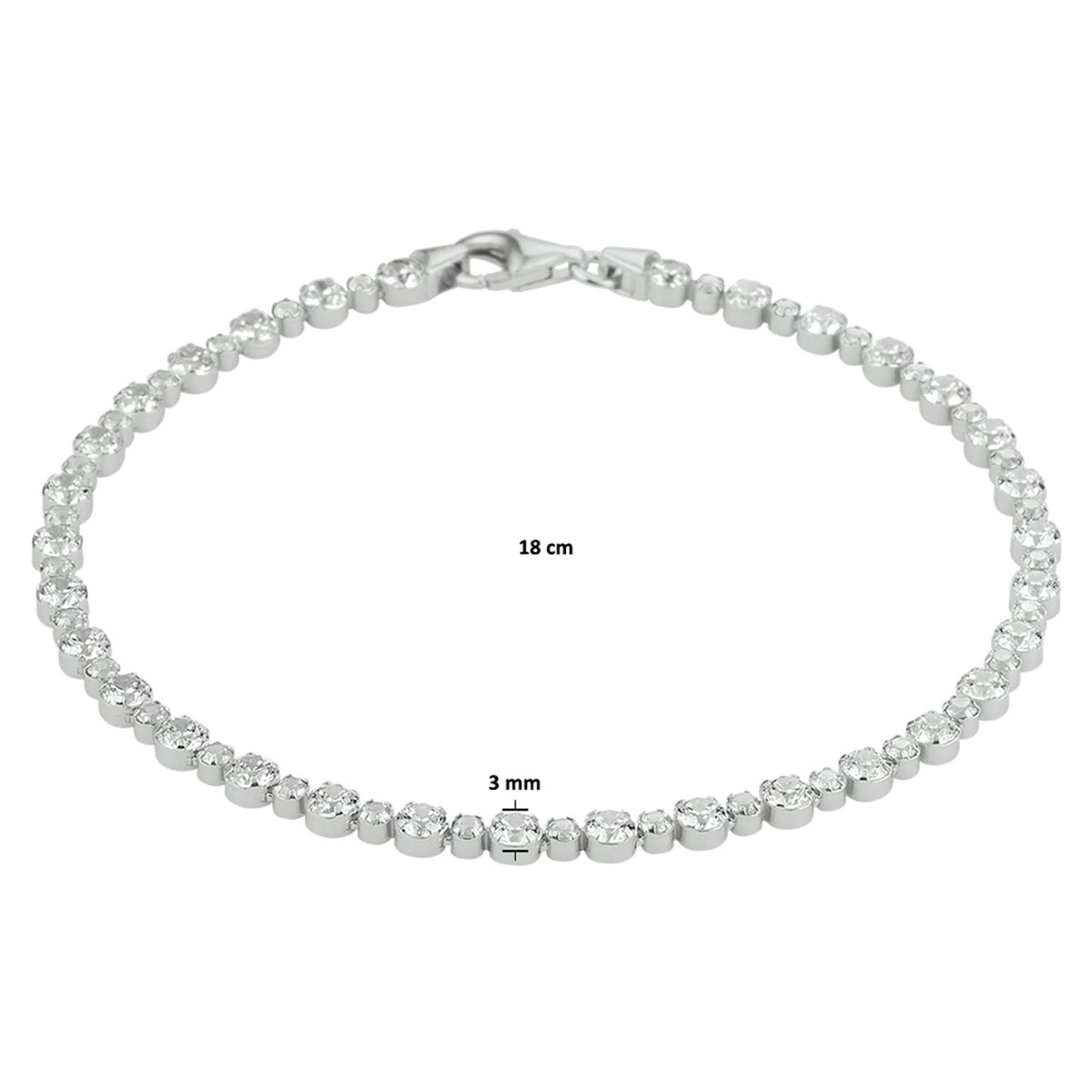 Zilveren tennisarmband met zirkonia's 3 mm breed - Lengte 18 cm