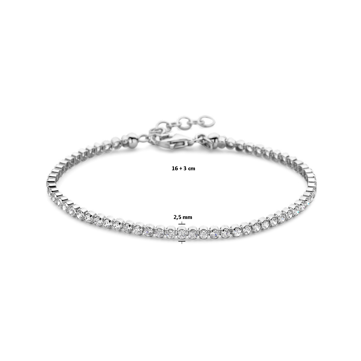 Zilveren tennisarmband met zirkonia's van 2.5 mm breed - Lengte 16-19 cm