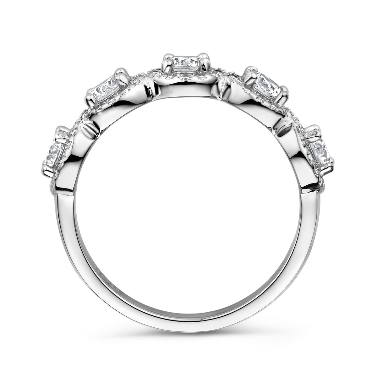 Zilveren vintage stijl ring met vijf rondjes halo gezette zirkonia's 6 mm breed